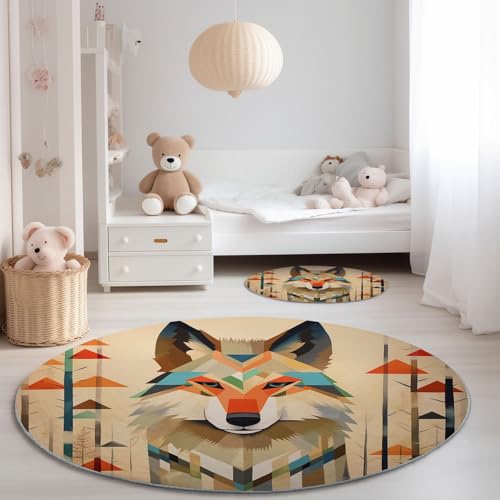Genérico Alfombra Redonda para Dormitorio 90 cm - Arte Moderno Bosque Animales Lobo Tema Franela Pelusa Corta Alfombras Redondas, Beige Antideslizante Alfombra para Decoración de Comedor