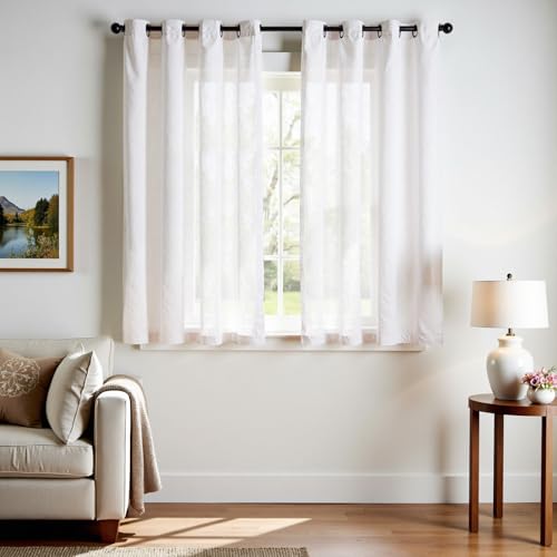 jinchan White Linen Curtains 63 Inch Long for Bedroom Dining Room 2 Panel Set Neutral Farmhouse Semi Sheer Linen Drapes Rustic Grommet Curtains Soft L