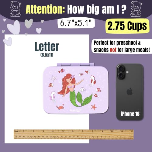 Image of BEARFOOT Kids Lunch Box with Compartments - Compact & Lightweight | Leak-Proof, BPA-Free, Dishwasher Safe | Hand-Drawn Design for Preschool, School, Travel (Mermaid Purple, 2.75 Cups)