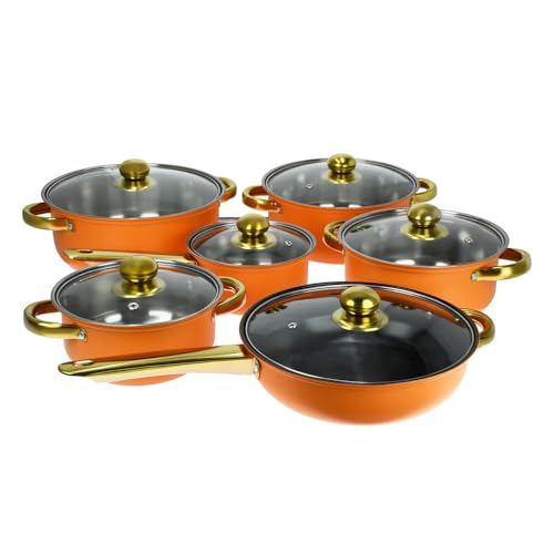 HJZSZX Juego de ollas de cocina de 12 piezas, coloridas, antiadherentes, con mango chapado en oro, ollas de acero inoxidable, olla para sopa, naranja, 12 piezas