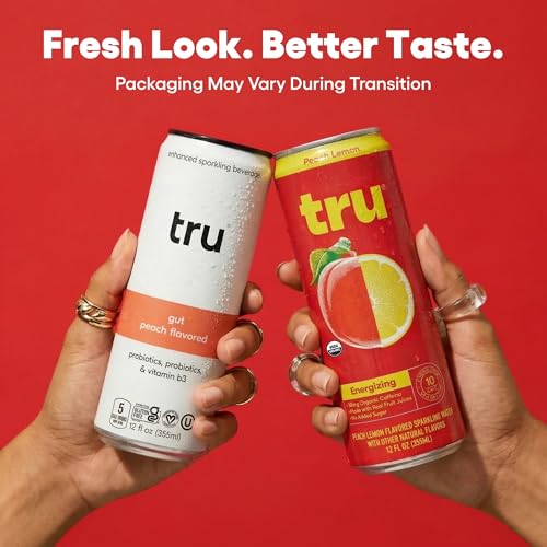 Image of Tru Organic Energy Drink, Caffeinated Sparkling Water with Real Fruit Juice, Peach Lemon Flavored Seltzer, Natural Caffeine, No Added Sugar, Keto, Vegan, Kosher, Gluten Free, 12 Fl Oz (Pack of 12)
