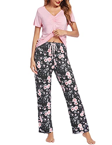 Hotouch Pajamas Sets For Women Loungewear Sets Pink Printed Short Sleeve Tops And Long Sleep Pants Pj Set(Pink,Xxlarge) #TOP23
