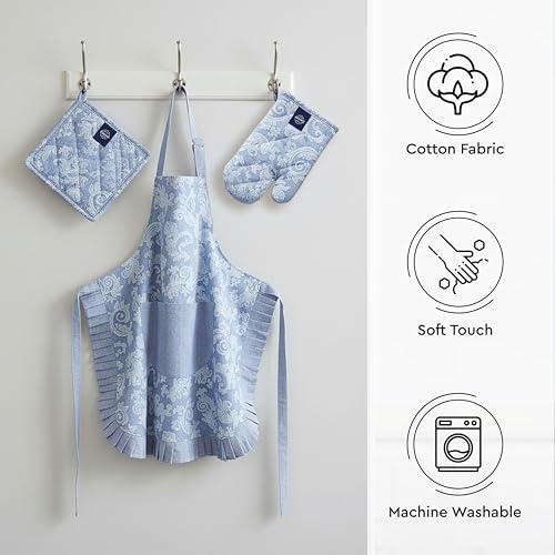 Image of Encasa XO 100% Cotton Apron Set for Women & Men with Adjustable Apron, Oven Gloves & Pot Holder (Pack of 3) Combo, Heat-Resistant, Soft & Durable for Cooking, Baking & Grilling (Floral Blue)