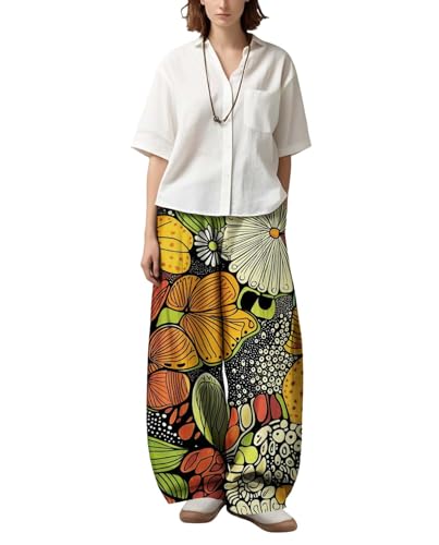 Womens Boho Floral Printed Pants Elastic Waist Wide Leg Casual Trousers Loose Fit Pant with Pockets for 2025 Summer