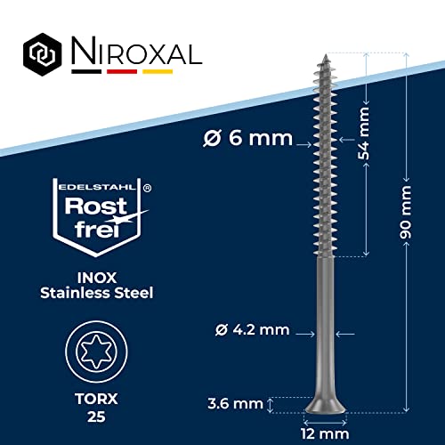 Wood Screws 6 x 90 mm TORX Countersunk Head Stainless Steel 304 Chipboard Screws Timber Screws Partial Thread Rustproof A2 200 Pack - Image 2