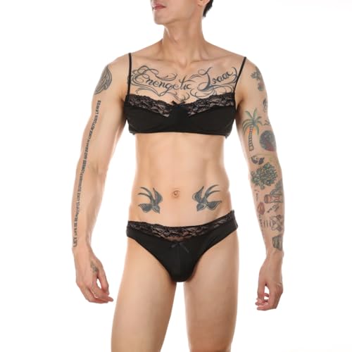 Hombres Mujer Sujetador Gay Ropa Interior De Encaje Conjunto De Ropa Interior, Negro , S
