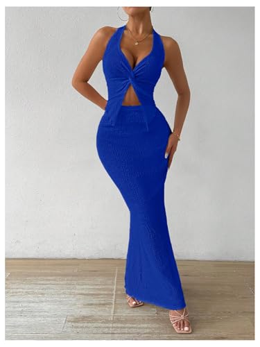 Image of SOLY HUX Women's Two Piece Outfits Twist Front Halter Cami Tops and Skirt Summer Set