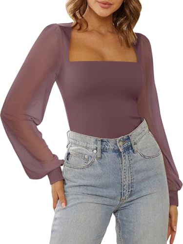 Image of PINKMSTYLE Women's Square Neck Double Lined Mesh Long Sleeve Bodysuits | Sheer Puff Sleeve Body Suit,Slim fit Trendy Going Out Tops,Concert Outfit