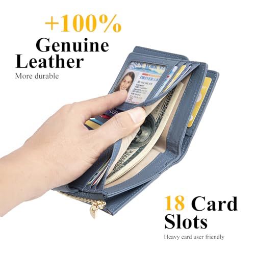 Genuine Leather Wallets for Women RFID Blocking Bifold with Zipper Pocket, 2 ID Windows, 18 Card Slots, Blue4