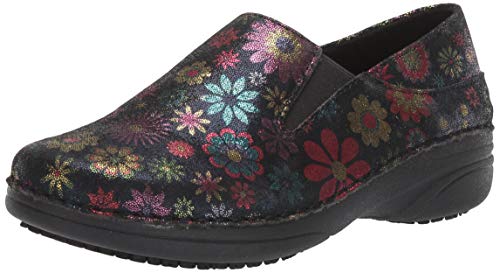 Spring Step Manila-Flower Professional Nursing Shoes For Women | Women's Slip-On Uniform Shoes With Round Toe, Closed Back, And Printed Leather | Black Nursing Clogs For Women #TOP8