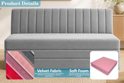 Image of 3 Seater Foldable Floor Sofa Bed with, Modern Velvet Fabric Folding Couch for Living Room, Guest Room & Small Spaces- Grey Color