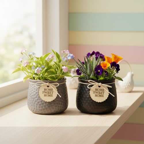 Image of Xtore Sleek Textured Ceramic Planter Set of 2 with Wooden Tag Accent | Modern Minimal Indoor Pots for Desk, Shelf & Home Styling (Pack of 2, Planter only)