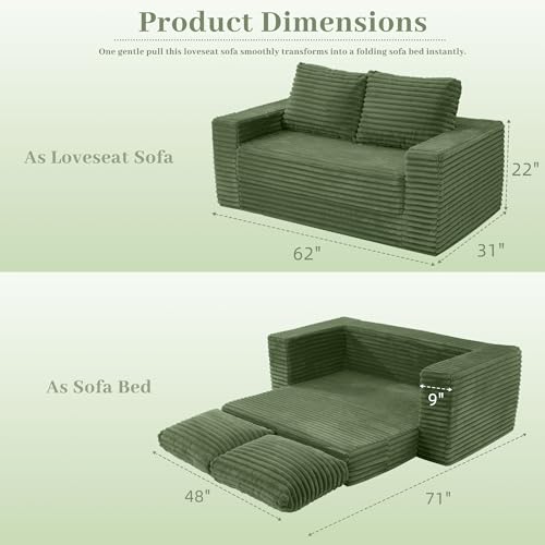 Image of HABUTWAY 62 inch Small Boneless Couch,3-in-1 Convertible Folding Sofa Bed, Corduroy Loveseat Sofa Bed w /2 Pillows for Living Room /Guest Room No Assembly Required, Green