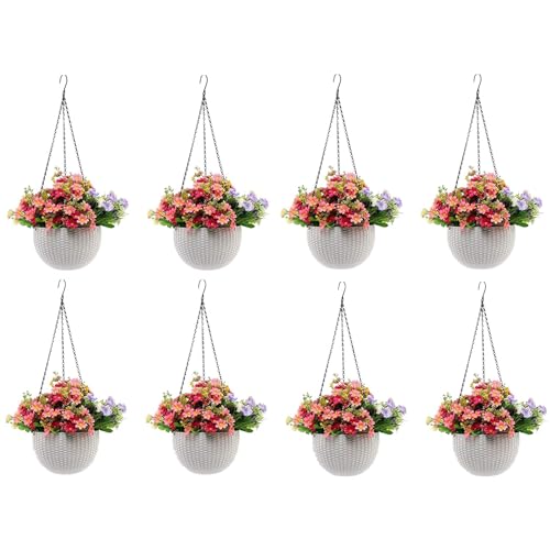 Image of Go Hooked Pots | Plastic | Hanging Pot | White | Pot Diameter- 7.1 Inch | Pot Height-4.8 Inch | Pot Thickness-3 mm | Chain Length-13 inch Approx. | 8 Pieces