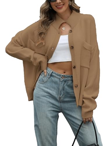 Image of Antnation Sweater Cardigan Women Long Sleeve Fall Button Down Knit Tops Casual Loose Outerwear Coats(Khaki-L)