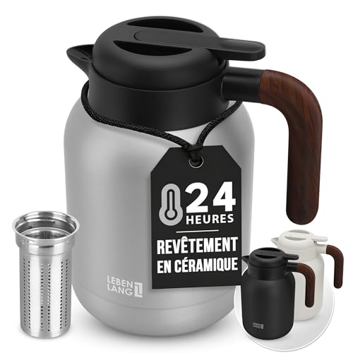 LEBENLANG Thermos café 1,5L Gris - Revêtement céramique & sans BPA I 24h au chaud & Incl. passoire à thé I Bouteille isotherme Pichet cafe inox Termos carafe isotherme Bouilloire