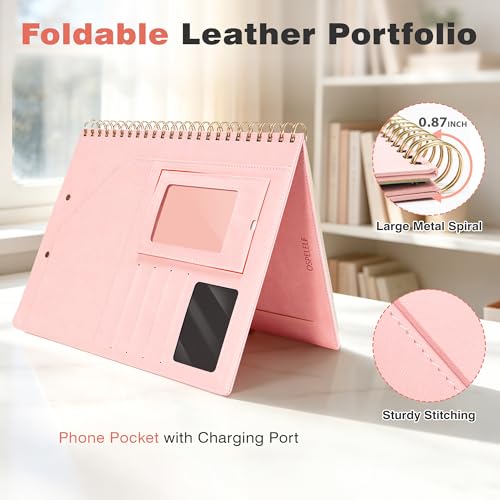 Image of Clipboard with Storage for Men Women, Leather Padfolio Portfolio Organizer 5 Folders with 10 Pockets, Spiral Clipboard Folio with Notepad for Letter Size, Elastic Closure and Pen Loop Pink