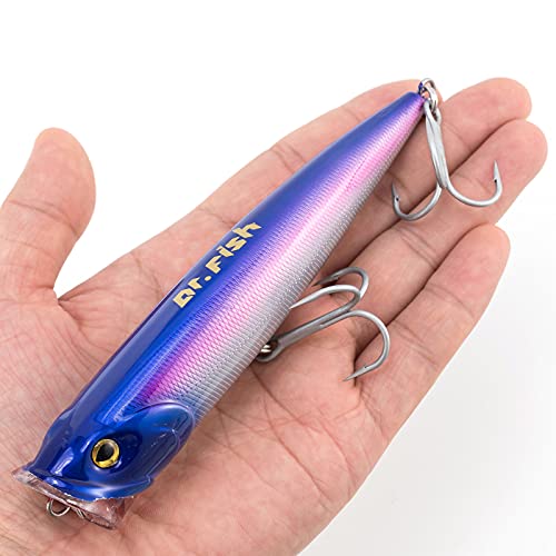 Dr.fish Topwater Popper Saltwater Fishing Lures, 5-1/2 Inches Gt Popper Vmc Treble Hooks Surf Fishing Lures For Stripr Pike Salmon Lures Bass Popper Fishing Plugs Offshore Blue/Purple #TOP7