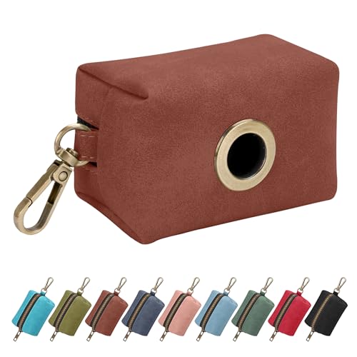 Didog Classic Dog Poop Bag Holder, Easy-Pull and Elegant PU Leather Pet Waste Bag Dispenser for Leash with Carabiner Clip, Includes 1 Roll Dog Waste Bag for Daily Walking,Brown