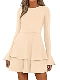 PRETTYGARDEN Womens Fall Fashion 2025 Long Bell Sleeve Mini Sweater Dress Casual Crewneck A Line Knit Short Cocktail Dresses(Beige,Large)