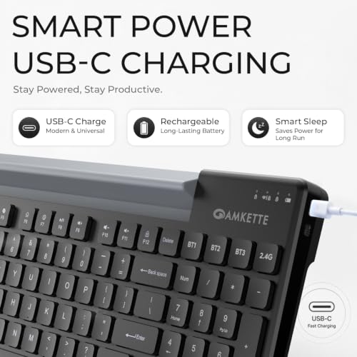 Image of Amkette Optimus 2 Multi-Device Wireless Keyboard /Bluetooth Keyboard, Connect 4 Devices, Professional Grade-Low-Profile Keys, Rechargeable USB-C, Built-in Device Dock, Windows /macOS /Android /iOS