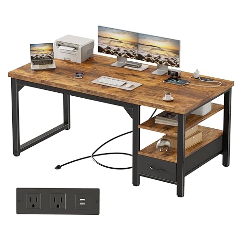 Image of Mericonia 63 inch Computer Desk with Drawer, 1.2 inch Thick Reversible Office Desk | Modern Writing Table with Power Outlets & Storage Shelves, Heavy Duty Industrial Executive Desk for Home Bedroom Study Work