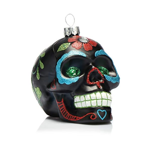 COM-FOUR® kerstboomversiering “schedel” – kerstkaartjes voor de kerstboom – kerstboomversiering van glas – Dia De Los Muertos (01 stuks – zwart / groene ogen)