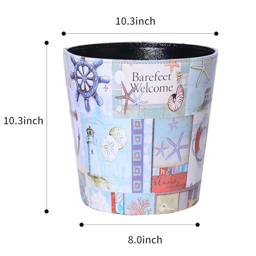 Image of PU Leather Small Trash Can Wastebasket, Round Garbage Container Basket for Bathrooms, Laundry Room, Kitchens, Offices, Kids Rooms, Bedrooms,Home Decorative Art Bin, 2.9 Gallon (Nautical Beach)