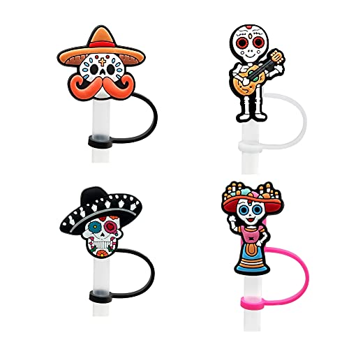 CO-CO Cute Cartoon Kids Skull Heads Straw Covers, Food Grade Reusable Silicone Tips, Funny Cap Plugs, Anti-dust Soft Toppers Lids for 6-10 mm Drinking Straws