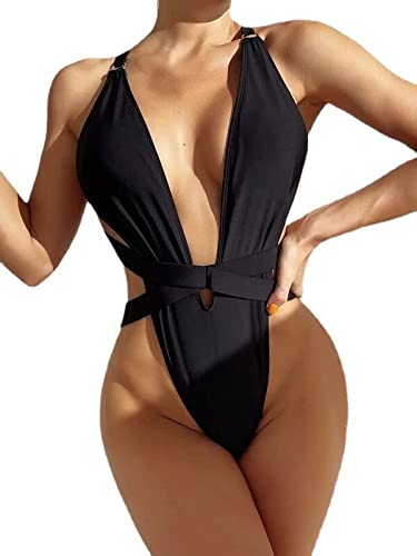 Maillot de bain une pièce pour femme avec string et décolleté en V, noir, Taille L Cover