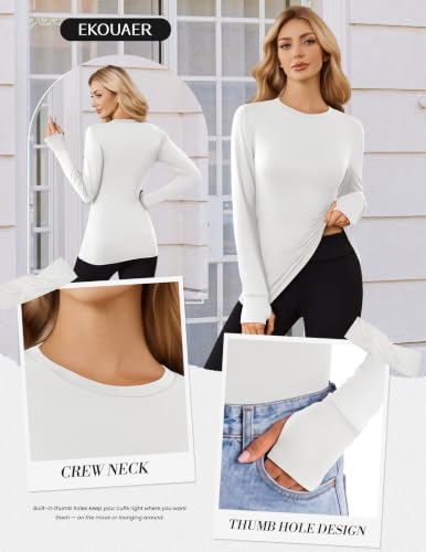 Ekouaer Long Sleeve Shirts for Women Crew Neck Undershirt with Thumb Holes - image 5