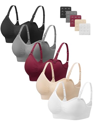 Image of Angelhood Women Nursing Bras for Breastfeeding 5 Pack, Maternity Sleep Bra | Seamless Pregnancy Full Bust Bralettes with Extenders, Wireless V Neck Bralette, Ultra Comfort Postpartum Essentials Bra Pack