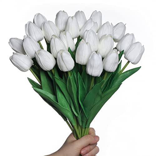 Anaoo 24pcs White Latex Artificial Tulip Bouquet Artificial Flowers for Home, Wedding, Party, Office Decoration, Floral Arrangements,