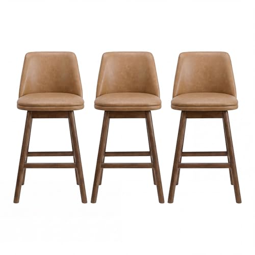 Image of ROME + OAK Set of 3 Rowan 26 Inch Swivel Counter Height Stool in Walnut Finish with Brown Vegan Leather Upholstery Seat - Kitchen or Dining Room Furniture