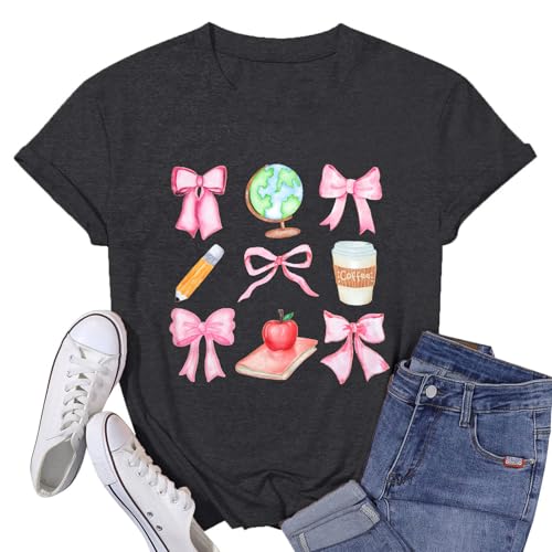 Teacher Shirts Womens Bow Teacher Graphic Tees Cute Teacher Appreciation Gifts Shirt Summer Casual Short Sleeve Tops