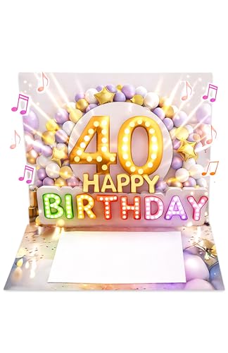 Joli Coon Biglietto auguri 40 anni donna – Biglietto auguri compleanno 40 anni con musica e luce pop up 3D con effetto luminoso, busta e adesivo sigillo – 20 × 15 cm