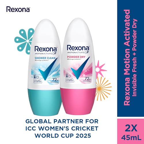 Image of Rexona Roll-On Deodorant | Shower Clean + Powder Dry Motion Activated Deo for Women | up to 72Hr odour protection | 45 ML each