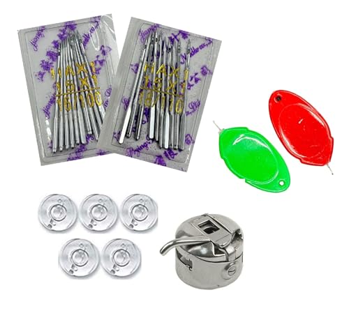 Image of ZENITH of Sewing machine Needles HA size (16 /100 & 18 /110) 10 pc Needles each and 5pc Plastic Bobbins 1 Bobbin case & 2pc Needle Threader Combo Suitable for Home Sewing machines like Usha Janome, SINGER, BROTHER