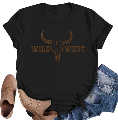 Cow Skull Shirts for Women Western Boho Cowboy Tee Country Western Outfit Bull Skull Cowgirl Tee Top
