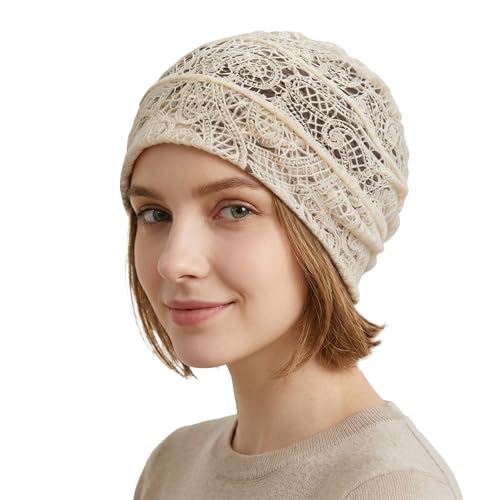 ZLYC Boho Beanie for Women Lightweight Breathable Summer Skull Cap for Travel Daily Styling Vine Floral Lace Beige