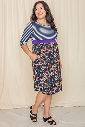 Image of Eloges Women's 3 /4 Sleeve Contrast Waist Band Floral Curved Hem Midi Dress