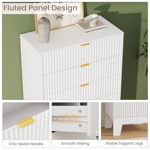 Image of Garvee 5 Drawer Dresser for Bedroom, 47 inch Tall Fluted Chest of Drawers with Metal Handle, Modern Wooden Dresser TV Stand, Clothes Storage Organizer Wood Closet for Hallway, Entryway, White