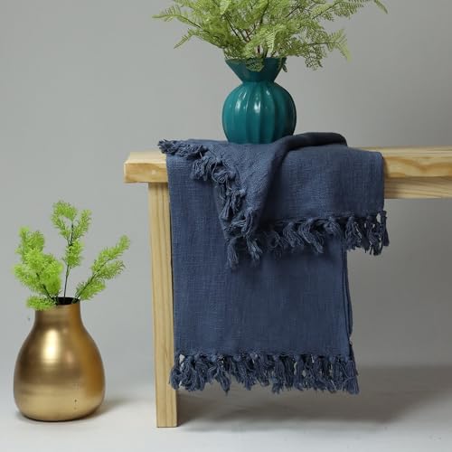 Image of Cotton Jute Sofa Throw Handmade 50x60 Inch Solid Blanket for Bedroom Soft Throw for Living Room, Bed, Couch and Chair Reversible and Breathable (Blue)