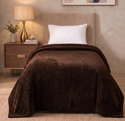 Image of BSB HOME 280 GSM Micromink Blanket, Premium Soft Warm Cozy Winter Blanket, Plush Double Bed Blanket, Ultra Soft Comfortable Bedding, Embossed Floral Design, 40 x 80 Inches (103 x 205 cm) - Espresso