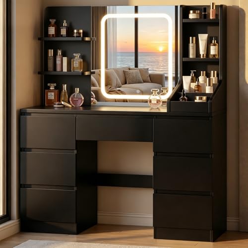 Devoko Tocador Colección Serenoxa, Mesa de Maquillaje con LED Espejo 3 Colores Luz Ajustable, con 7 Cajones Grandes 4 Estantes 3 Compartimentos de Almacenamiento, 110 x 40 x 139 cm Negro