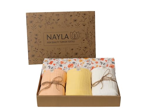 Nayla Muselinas Bebe Algodon 120x120 y 65x65 100% Organico con Gasas Grandes Suaves para Recién Nacido Muy Versátiles como Arrullo para Verano   Manta Ligera Color Amarillo Flores.
