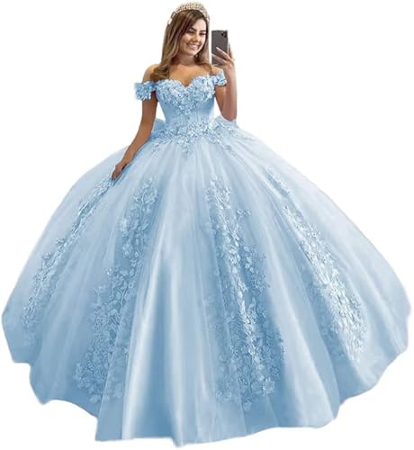 Schulterfrei Tüll Quinceanera Kleider Spitzenapplikation Sweetheart Ballkleid A-Linie Brautkleid Prinzessin Abendkleider