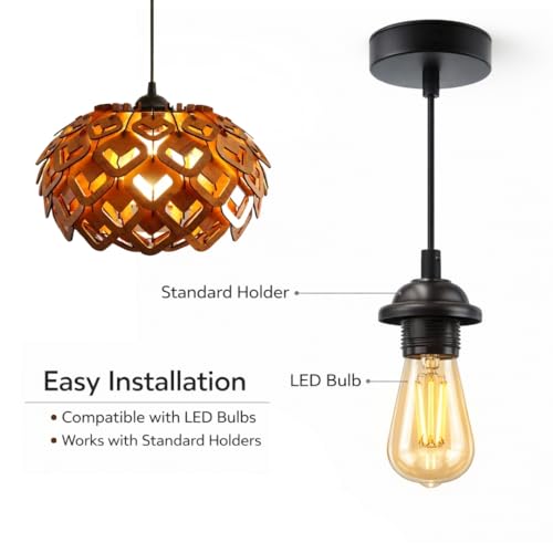 Image of Wood Pinecone Pendant lamp, Wooden Ceiling lamp, Wooden Hanging lamp handicrafted Home decore Chandelier Light (Lotus 1B)