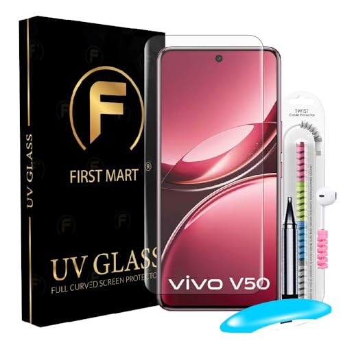 Image of FIRST MART Military Grade UV Tempered Glass for Vivo V50 and Vivo V50e 5G with Edge to Edge Full Screen Coverage, Cable Protector and Easy Installation kit