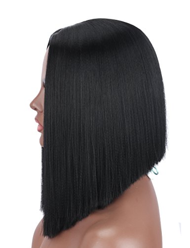 Kalyss 14” Short Straight Black Yaki Synthetic Bob Wig Heat Resistant Premium Synthetic Hair Replacement Middle Parting Full Head Wig For Women #TOP5